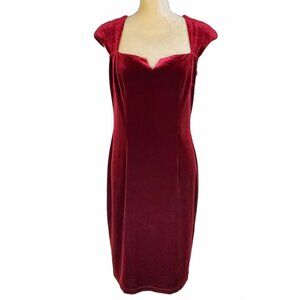 David Meister Dark Red Velvet Split Neck Cap Sleeve Bodycon Sheath Dress Women 8